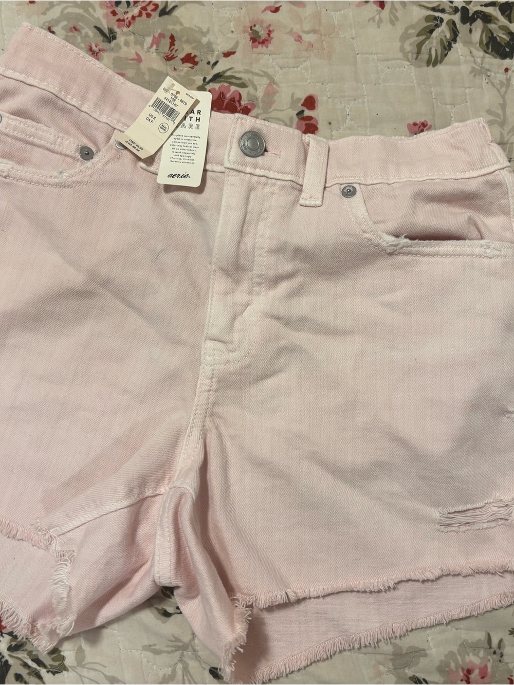 aerie Pale Pink Frayed Hem Denim Shorts